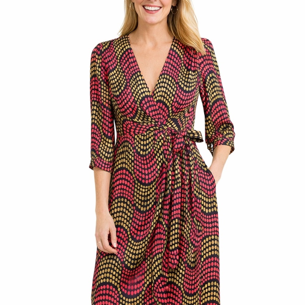 Boden Silk Blend Geometric Dot Wrap Dress Pink Green 6R